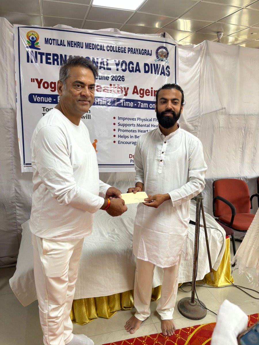 mlnmcprayagraj's tweet photo. #MeUP@MLNMC: International Yoga Day(21.06.2026) on the theme “Yoga for Healthy Ageing” was celebrated under the guidance of Dr. A.K. Verma. Faculty and students participated enthusiastically. Session led by Nishant Jha. Thanks to former Principal Dr. S.P. Singh for his presence. https://t.co/UxFOySnuIE