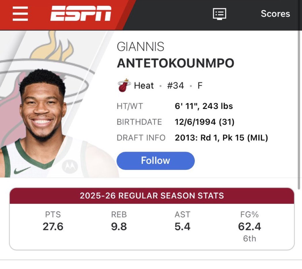 hothothoops's tweet photo. Giannis officially with a Heat logo behind him on his ESPN player profile: pure euphoria. https://t.co/6MEApHKhKj