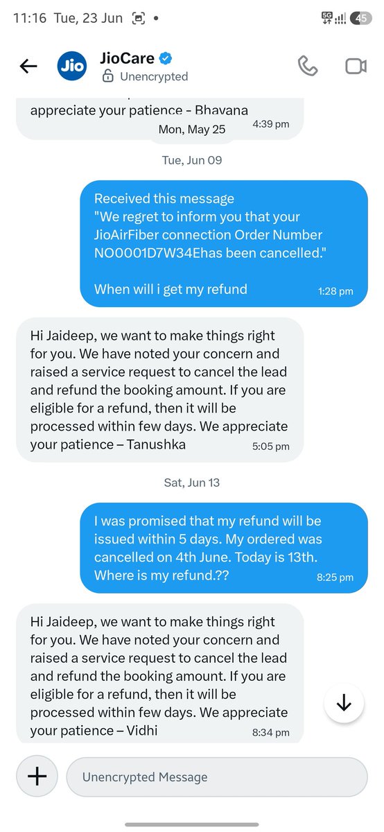 JD__Negi's tweet photo. @Ravisutanjani I booked @reliancejio air fibre on 02.05.2026. They couldn't installed till 07.05.2026 even after promising to instal it on the same day i.e. 02.05.2026. I was promised refund till 12.05.2026 and here i am still fighting for refund. Can i use chargeback here? https://t.co/BznDxfOP2S
