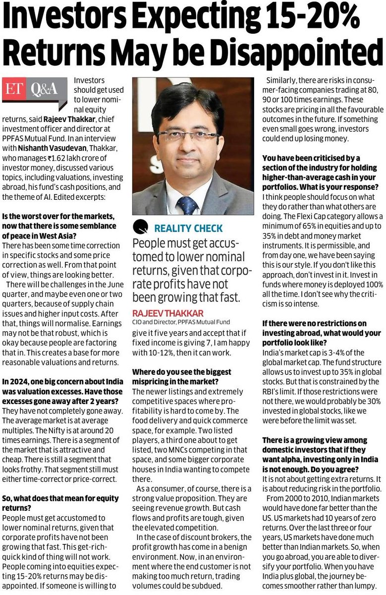 NishanthV_ET's tweet photo. I interviewed Rajeev Thakkar, CIO, PPFAS Mutual Fund , where he shared his views on investors' returns expectations, his cash strategy, overseas investing, valuations and the AI theme, among other topics

https://t.co/Q15QeTWz67 https://t.co/UtKOmKu7g5