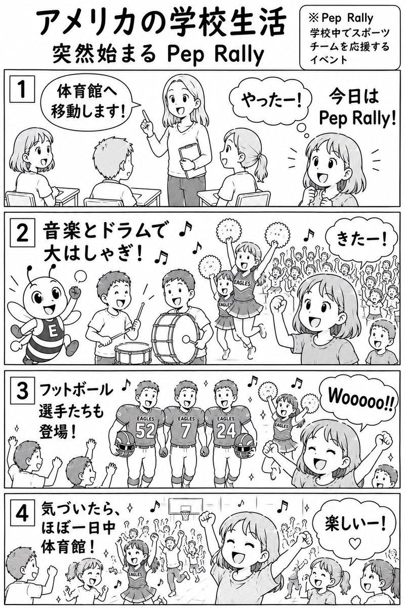 FrontendNeko's tweet photo. 基本小学校から高校まで年に３回くらいあって、いつあるのか事前に先生達は教えてくれないので、pep rally がある日をチアリーダー達にコッソリと教えてもらうのでした。 https://t.co/TwaXkz38rb