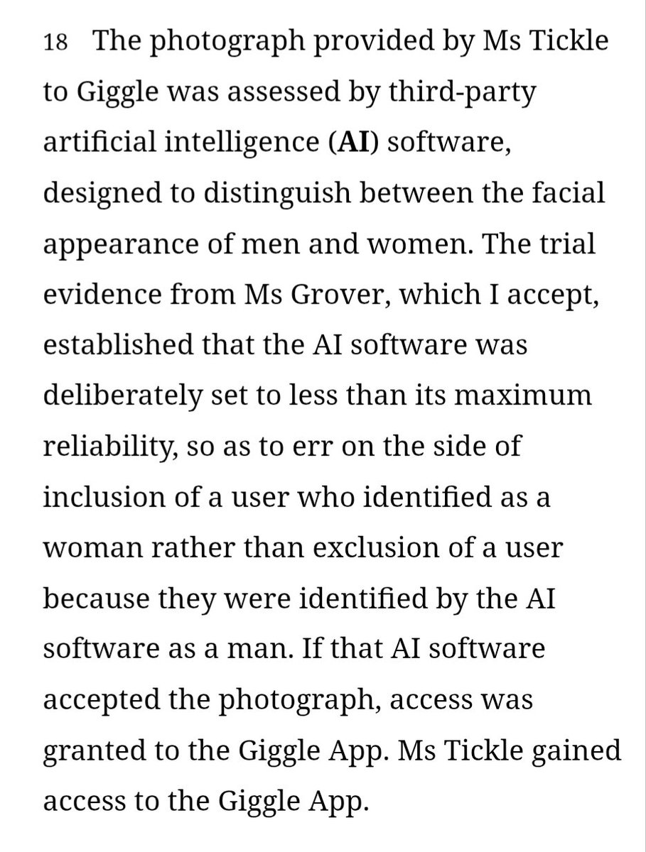 Media_SLC's tweet photo. In the original judgement (and other areas in both judgements), it was confirmed that Tickle had been provided access to the Giggle for Girls app through the AI software which approved her image.

The "blocking" of Tickle as a user occurred due to a manual process which has since been accepted by Grover that it would most likely have been herself who changed the access to the app for Tickle.

https://t.co/prfSzqyYB7