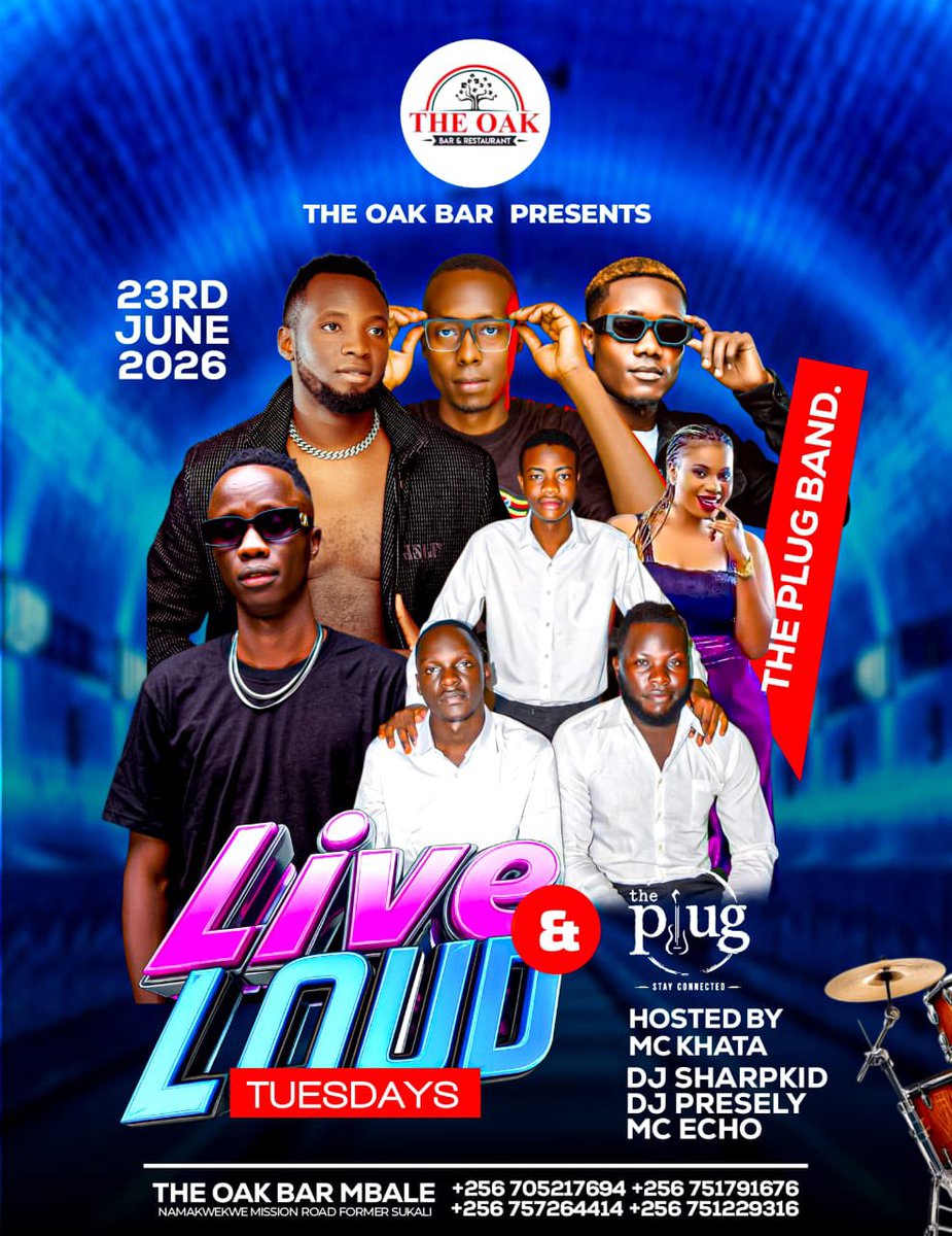 McKhataUg's tweet photo. THE VIBE RETURNS! Unforgettable moments. TONIGHT, WE TURN THE CITY UP Ft The Plug Band @dvjpresley  @Djsharpkid1 @Mcecho2756935 @McKhataUg another powerful edition of #LiveAndLoudTuesdays @theoakmbale 
 Pull up and let’s make memories. 

RSVP: 0751791676

#HomeOfGoodVibes https://t.co/B6GPWK4cRe