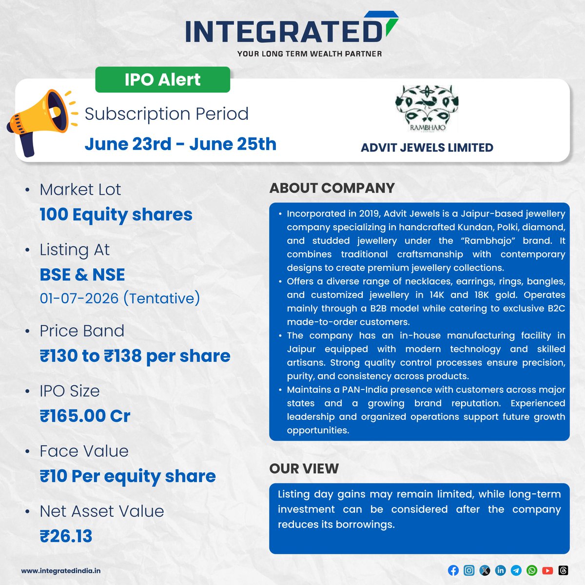 IntegratedTweet's tweet photo. Investment Opportunity—IPO Subscription Open

Apply for the ongoing IPO through Integrated Enterprises—trusted by investors for over 5 decades.

👉 https://t.co/P8VgBq7ISb

#ipo #InvestmentOpportunity #IntegratedEnterprises #CapitalMarkets #TrustedPartner https://t.co/988dy64D9X