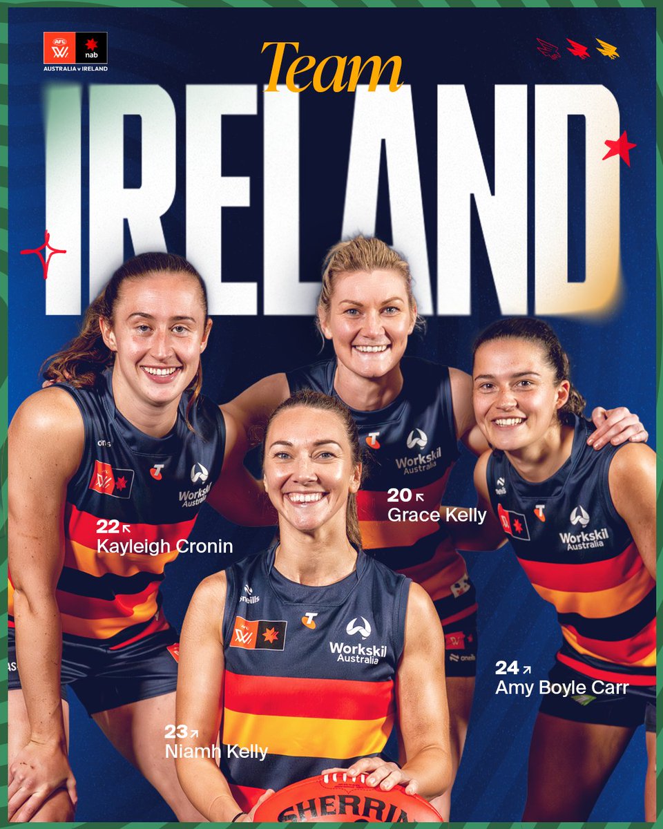 CrowsAFLW's tweet photo. Go get 'em Niamh, Grace, Amy and Kayleigh ☘️

All four of our Irish girls will play for team Ireland in the AFLW Australia v Ireland match in August. https://t.co/l2TbyUKFhY