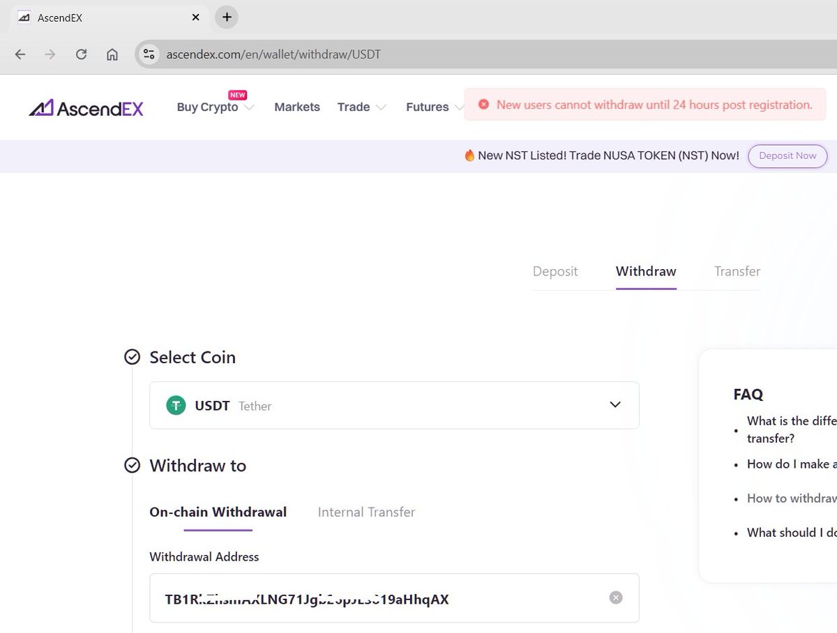 ParallelWds's tweet photo. WARNING to @TokenNusa @blockdagnetwork @jurisprotocol 🚨 @AscendEX is actively trapping old user deposits behind fake errors!
My years' verified account UID: U7254559869 is blocked from withdrawing due to a broken loop: "New users cannot withdraw..." [See Pic 1] https://t.co/Ouyu3famqp