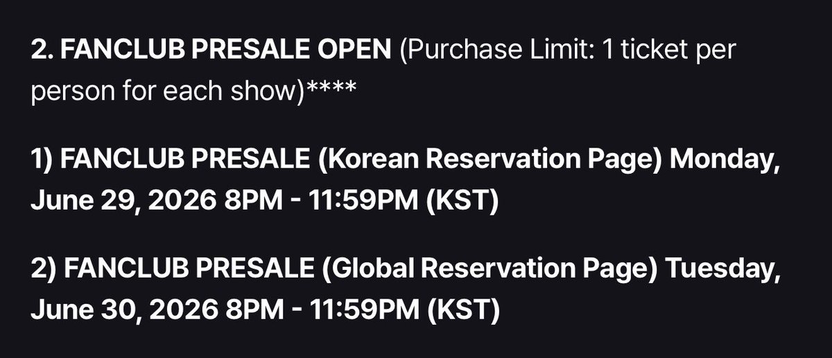 hyunehans's tweet photo. for RUN IT SEOUL there will be a separate fanclub presale for korean and global users. those with korean memberships can buy theirs on June 29 and global sales for the seoul show will open on June 30. the limit is 1 ticket per show.. https://t.co/tZYRrfTw2Y