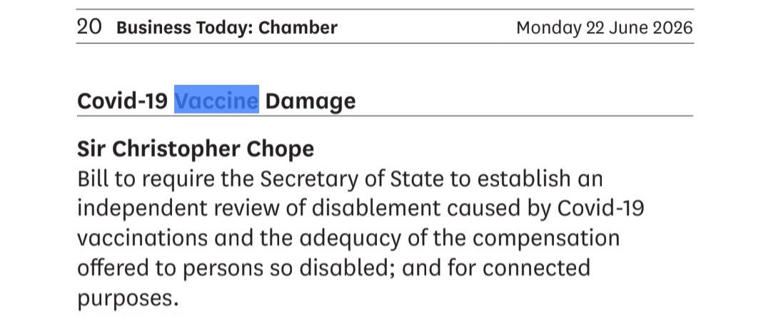 VIBUK_Official's tweet photo. 🔴 @chris_chope MP has tabled three Private Members’ Bills relating to COVID-19 vaccine injury and the UK’s support system:

* Vaccine Damage Payment Scheme (Covid-19 Inquiry)
* Covid-19 Vaccine Damage
* Covid-19 Vaccine Damage Payments

Private Members’ Bills are an important way for MPs to raise issues in Parliament and push for debate on areas that may otherwise be overlooked. Sir Christopher Chope has consistently used this route to highlight concerns around support for those affected.

These proposals bring renewed attention to the Vaccine Damage Payment Scheme and wider questions about how people affected by vaccine injury and bereavement are supported.

We would like to thank @chris_chope for his support and persistence in raising these issues.

@jamesmurray_ldn
@DHSCgovuk
@SharonHodgsonMP
@Keir_Starmer
@AndyBurnhamGM
@darrenpjones

#VDPSreform
#SUPPORT
#VaccineInjury