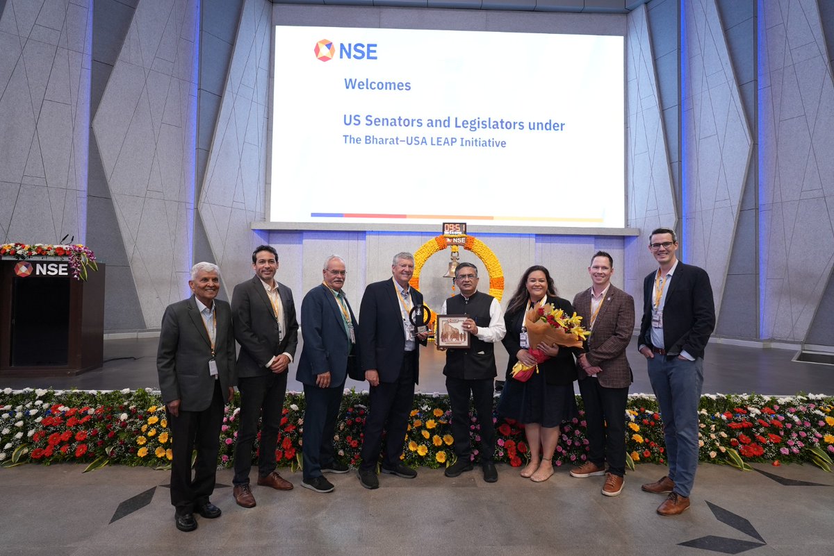 NSEIndia's tweet photo. Our MD & CEO, Shri Ashishkumar Chauhan, rang the NSE bell today alongside the distinguished delegation of U.S. Senators and Legislators under the Bharat-USA LEAP Initiative at NSE.

The delegation included Sen. Wayne Harper, NCSL President Emeritus and President Pro Tempore, Utah Senate; Sen. Ron Winterton, Member, Utah Senate; and Dr. Rahul Karad, Founder, NLC and Executive President, MIT World Peace University, Pune.

The visit featured insightful discussions on India's remarkable economic growth and transformation, the evolution of its capital and financial markets, the role of technology and innovation in driving economic development, India's business and investment landscape, and emerging opportunities to strengthen economic cooperation between India and the United States.

The engagement reflects the growing importance of cross-border dialogue and collaboration in fostering innovation, investment, and sustainable economic progress.

#NSE #NSEIndia #BharatUSALEAP @ashishchauhan  @RahulVKarad