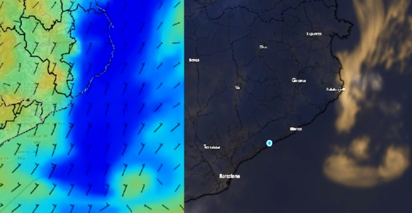 tempestes_cat's tweet photo. Mapa d'humitat a 250 m (esquerra) i imatge de satèl·lit (dreta) a la costa catalana. El blau màxim a la mar es tradueix en núvols baixos i boira entrant per la costa del Maresme i Girona. #meteo https://t.co/iigOvpFeNz