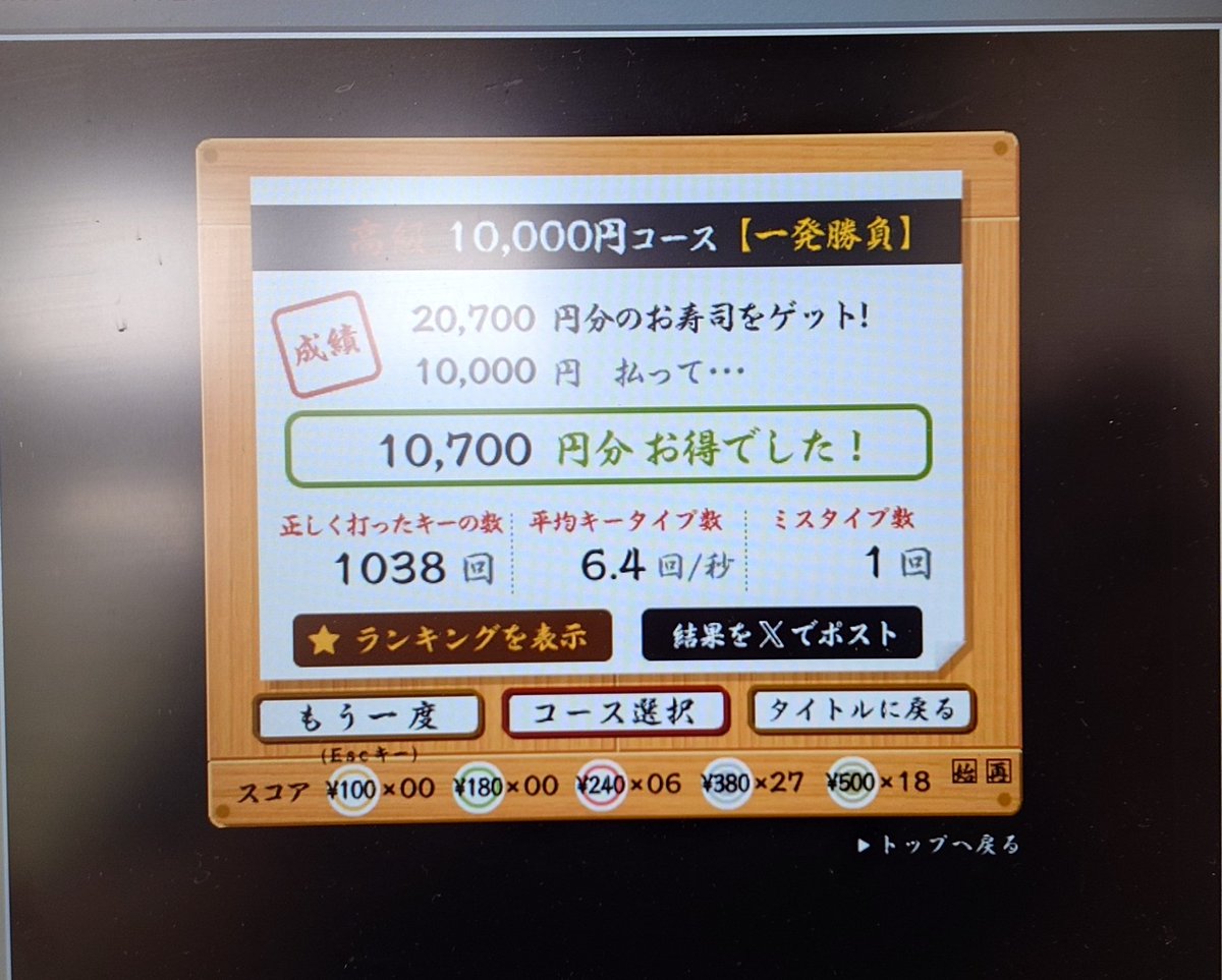regelati0's tweet photo. 寿司打一発勝負で10000円分得した
あと15秒くらい残ってた https://t.co/6kNDe63n5A