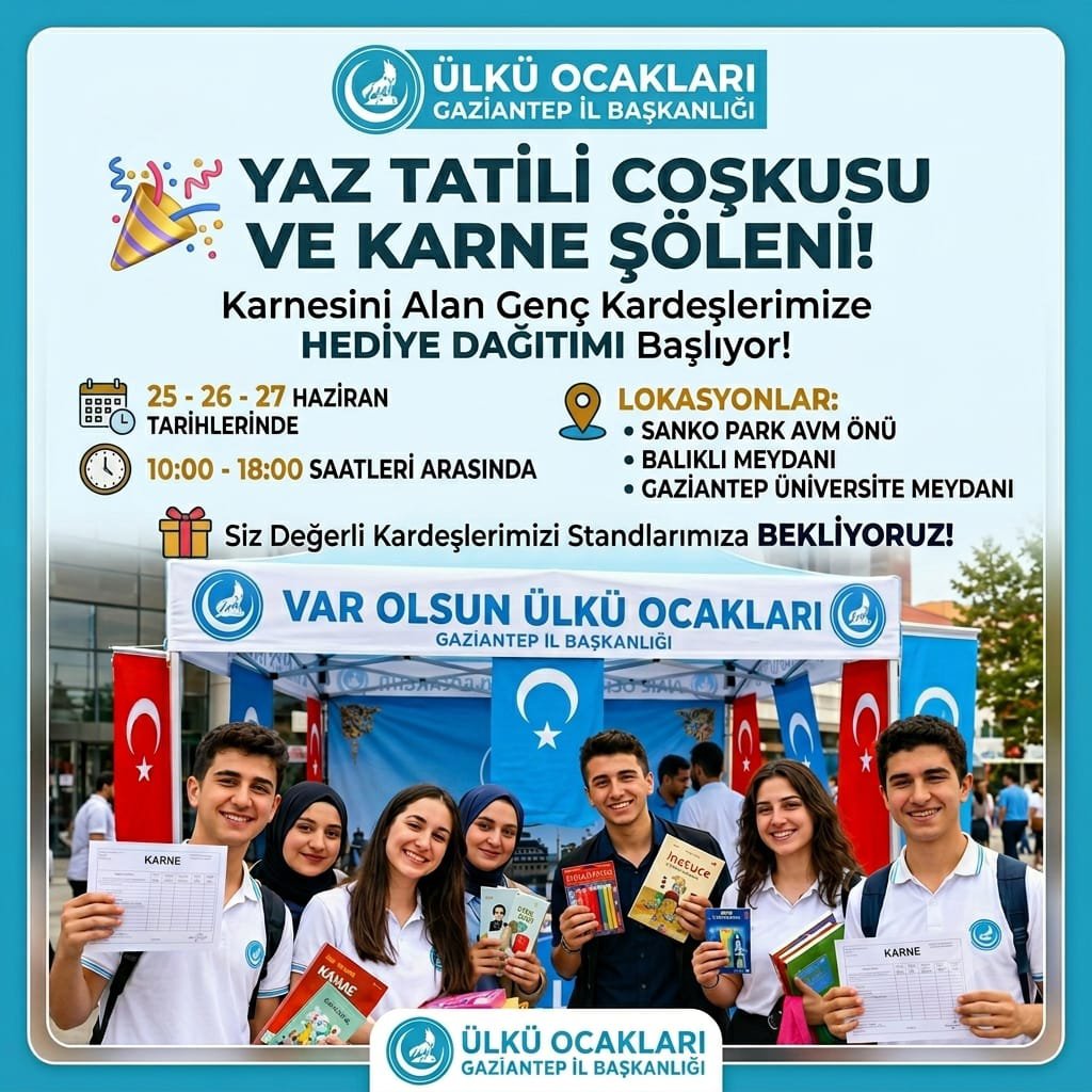 Arabanocak27's tweet photo. Değerli Genç Kardeşlerimiz, karne heyecanınızı sizlerle paylaşmak istiyoruz. 25-26-27 Haziran tarihlerinde 10:00 - 18:00 saatleri arasında sizler için açacağımız YAZ TATİLİ COŞKUSU VE KARNE ŞÖLENİ standımıza hepinizi bekliyoruz.

VAROLSUN ÜLKÜ OCAKLARI 🇹🇷 https://t.co/AzlxX0NV43