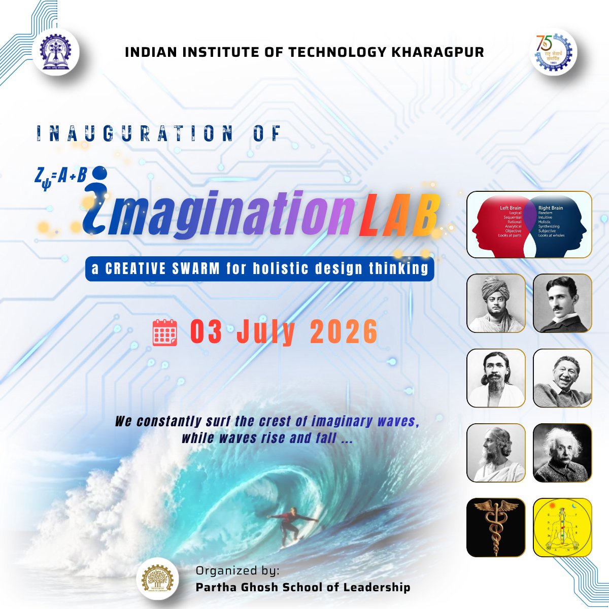 IITKgp's tweet photo. Introducing the Imagination Lab (I-Lab) at the Partha Ghosh School of Leadership, IIT Kharagpur — the first initiative of its kind in the IIT system and envisioned as “A Creative Swarm for Holistic Design Thinking.”

Designed as a unique hub where science, technology, design and human creativity converge, the I-Lab will nurture inspired thinking, innovative design and imaginative exploration to shape the future.

To be inaugurated on the eve of the 72nd Convocation of IIT Kharagpur, the I-Lab aspires to foster collaborations with leading institutions and researchers across India and around the world.

“The true sign of intelligence is not knowledge but imagination.” — Albert Einstein

Transforming imagination into innovation, and ideas into impact.

#ImaginationLab #ILab #HolisticDesignThinking #ParthaGhoshSchoolOfLeadership #Innovation #Leadership #IITKharagpur #FutureByDesign

@EduMinOfIndia