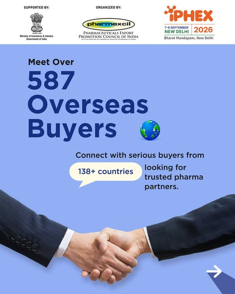 Pharmexcil's tweet photo. iPHEX 2026 offers a powerful platform for Indian pharmaceutical exporters to expand their global reach and build meaningful business connections.​
Engage with over 587 overseas buyers from 138+ countries, showcase your products alongside 620+ exhibitors, and be part of USD 5+ billion in business discussions.​
Connect with key decision-makers, including 13 regulators, 16 procurement agencies, and 8 associations, all under one roof.​
Date: 7–9 September 2026​
Venue: Bharat Mandapam, New Delhi​
Exhibitor registrations are now open.
Register https://t.co/NNlcgW1BHH.