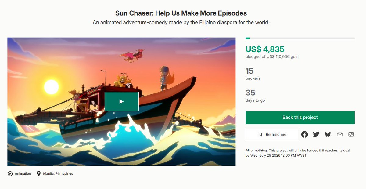 cbo_channel's tweet photo. LOOK: Kickstarter campaign for more episodes of 'Sun Chaser.'

Every single frame of Sun Chaser was drawn, animated, and finished in the Philippines (ToonCity and Playlab). #SunChaser

(https://t.co/vovKg28R4L) https://t.co/wLZTLU7s4Z