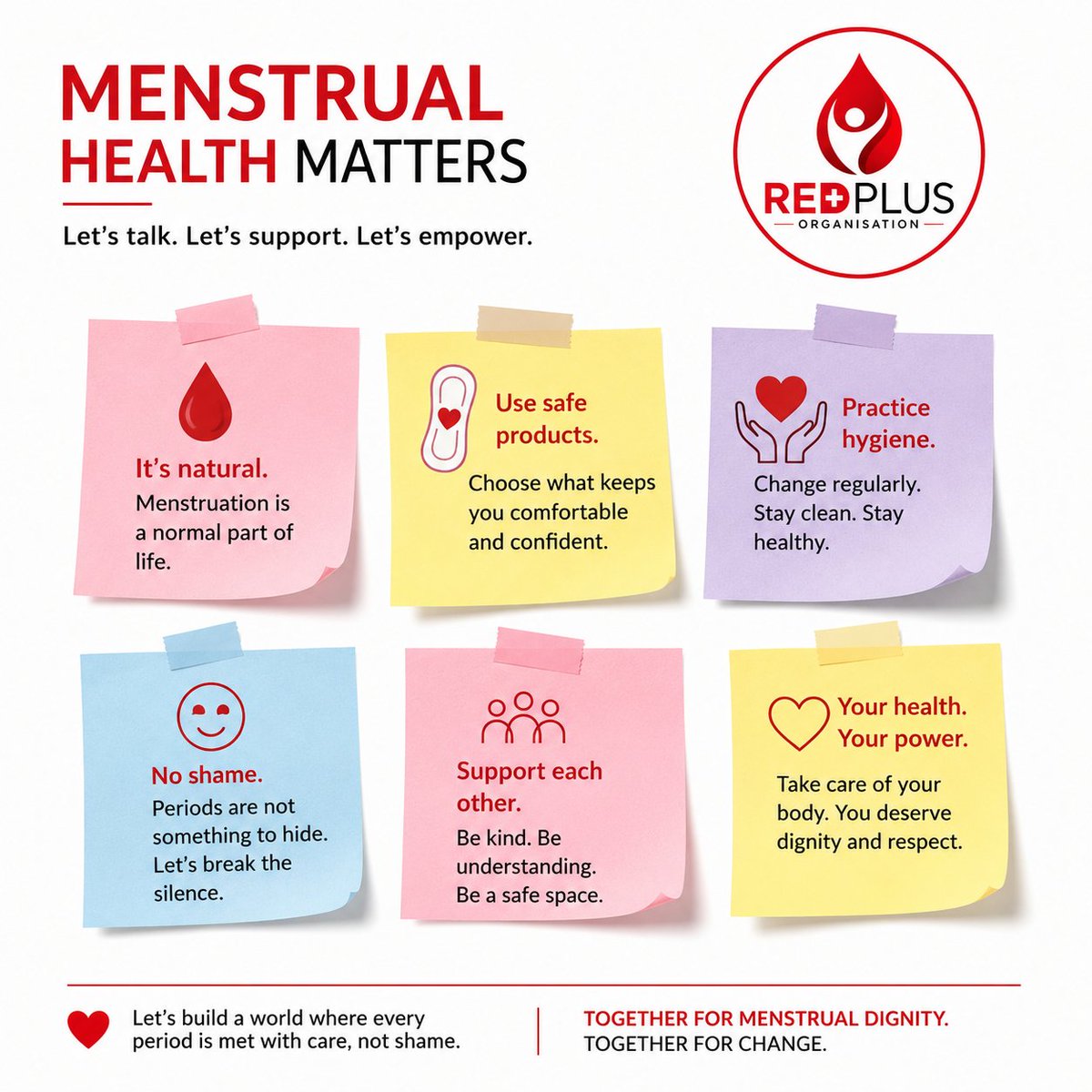 RedPlusorg's tweet photo. Periods are natural. Dignity is a right.

Access to safe menstrual products and menstrual health education empowers girls and women to live healthy, confident lives.

Let's break the stigma and support menstrual dignity for all. ❤️🩸

#MenstrualHealth #PeriodAwareness #RedPlusOrg https://t.co/FsByd7ev4Y