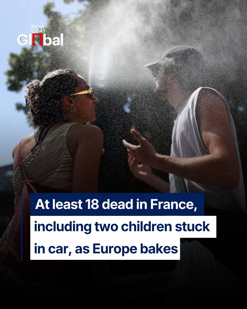 ITGGlobal's tweet photo. #InPhotos | A deadly heatwave sweeping across Europe has claimed at least 18 lives in France, including two children who died after being left in a hot car, as temperatures shattered records across multiple cities.

Authorities have issued warnings as extreme heat grips the continent, with Bordeaux and Poitiers recording historic highs and parts of Spain, Italy and the UK also facing dangerous conditions. Experts say climate change is intensifying heatwaves, increasing risks to public health, infrastructure and wildlife.

Read more: https://t.co/mI5sSdWrEw

#EuropeHeatwave #France #ClimateChange #FranceNews #IndiaTodayGlobal