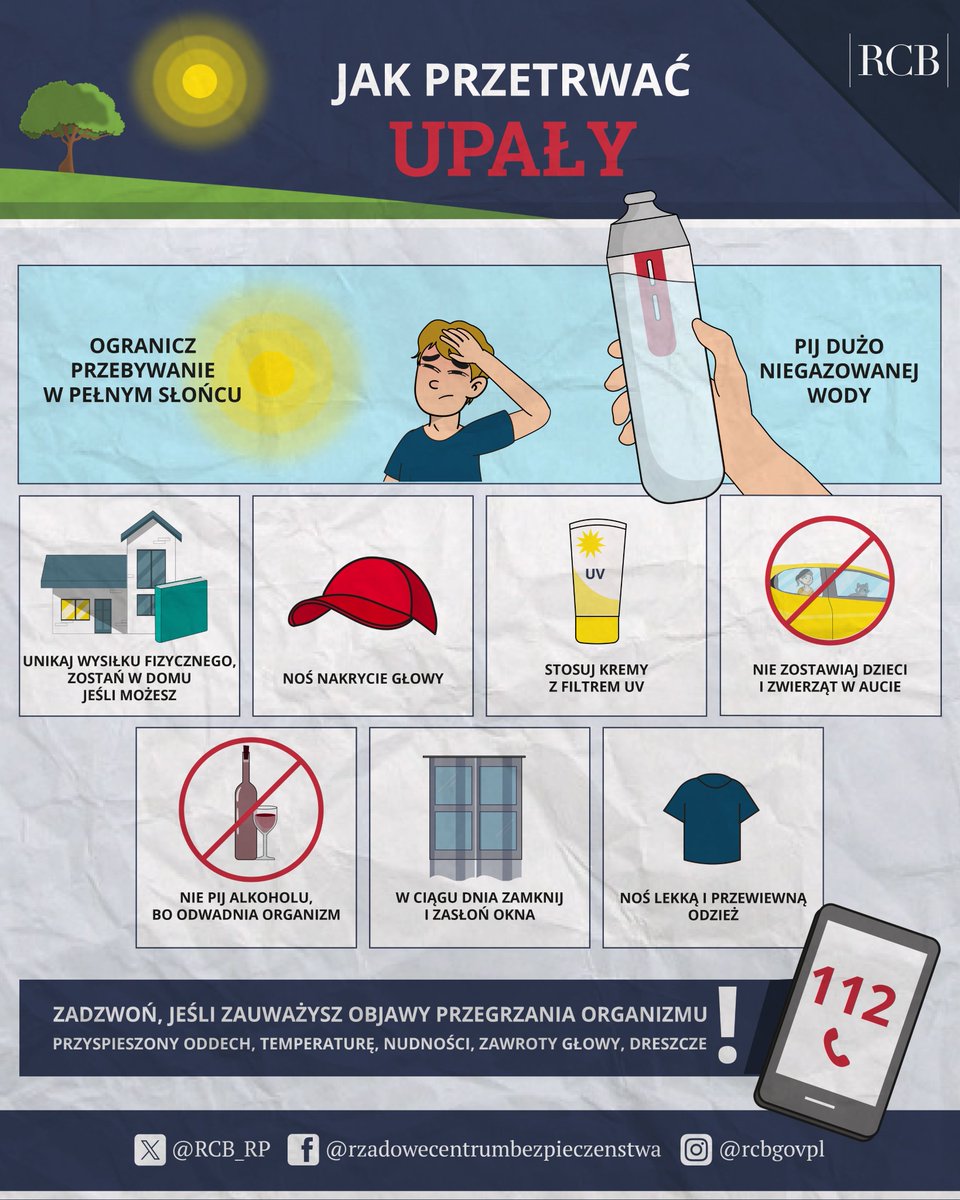 RCB_RP's tweet photo. W najbliższych dniach prognozowane są wysokie temperatury 🌡
➡ Upały mogą stanowić poważne zagrożenie dla zdrowia, zwłaszcza dla dzieci, seniorów i osób przewlekle chorych.

🔸 Ogranicz przebywanie na słońcu
🔸 Pij dużo niegazowanej wody
🔸 Noś nakrycie głowy
🔸 Nie zostawiaj dzieci i zwierząt w samochodzie
🔸 Stosuj kremy z filtrem UV

Zadbaj o bezpieczeństwo – swoje i swoich bliskich.
Sprawdź nasz poradnik, jak bezpiecznie przetrwać upał: https://t.co/elA4QmjqKD