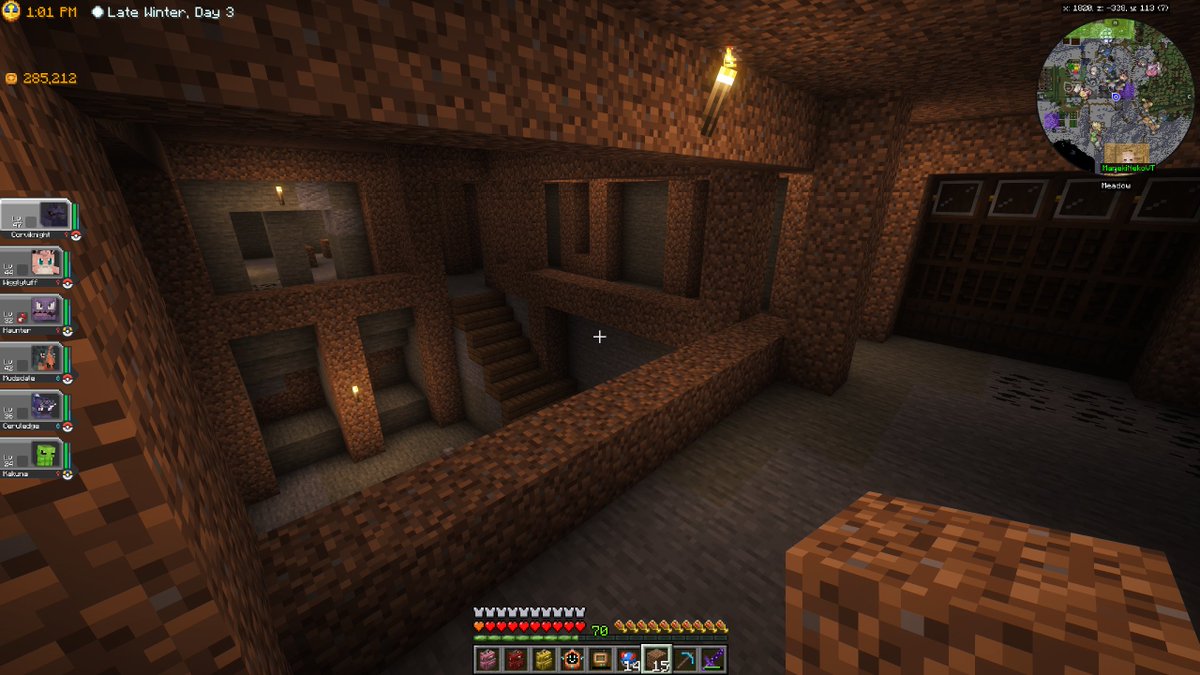 SinabonVT's tweet photo. Working on a Minecraft cellar under my house for 🍷wine &amp; 🍺beer! 

I dug everything out &amp; used dirt to map out pillar placements. I'm thinking of using Dark Oak &amp; regular Stone / Cobblestone with some red carpets. https://t.co/l9zCGOytpA