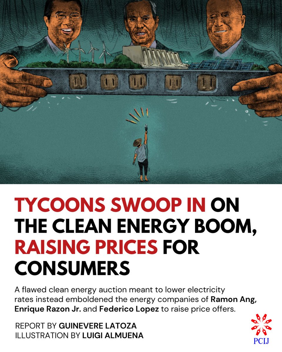 PCIJdotOrg's tweet photo. A flawed energy auction meant to lower electricity rates instead roused power giants to raise offers. 99.86% of bid submissions were copy-pasted from the govt's maximum price limits.

Consumers will now pay for 2,000 MW of extra supply that  DOE had not previously planned for. https://t.co/vQpZhidvQN