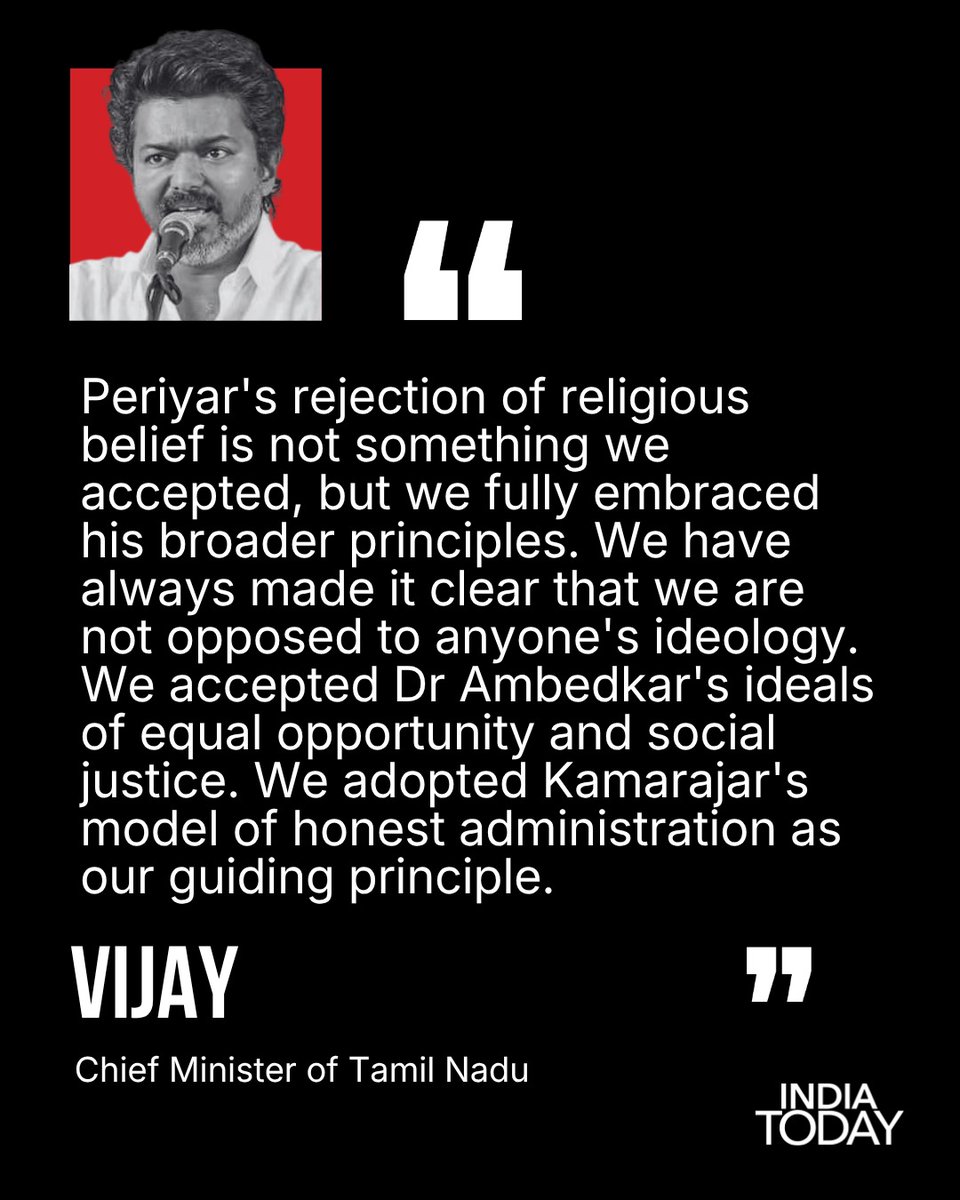 IndiaToday's tweet photo. Tamil Nadu Chief Minister C Joseph Vijay on Monday told the Assembly that while his party had embraced the broader social principles of Periyar EV Ramasamy, regarded as the father of Dravidian politics, it did not share his views on atheism and the rejection of religious belief.

Read More: https://t.co/gTQRccz2KI

#CJosephVijay #Vijay #TamilNadu #Periyar #PeriyarEVRamasamy #DravidianPolitics