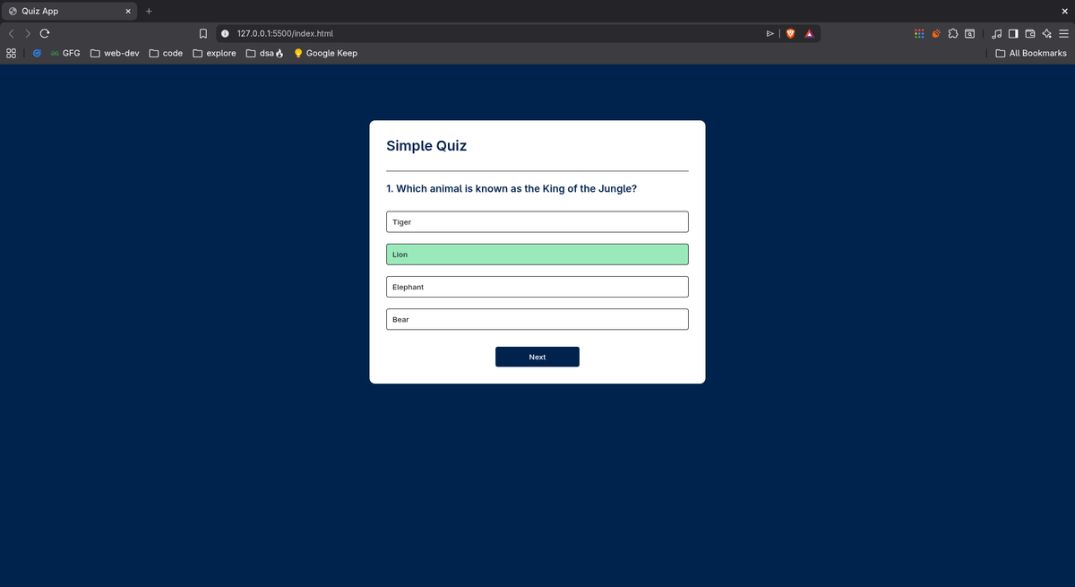 anmolbhagat_dev's tweet photo. Just built a Simple Quiz App 🚀

Features:
✅ Multiple-choice questions
✅ Score tracking
✅ Clean UI
✅ Instant feedback
This project helped me practice DOM manipulation and JavaScript logic.
 #JavaScript #WebDevelopment #Frontend #Coding https://t.co/jRnVqizFd8