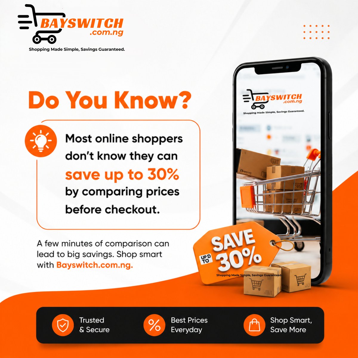 BayswitchNG's tweet photo. Many online shoppers pay more than they should simply because they don’t compare prices before checkout. At Bayswitch, we help you shop smarter, compare better, and save more on every purchase. https://t.co/tsAvBGJmSw