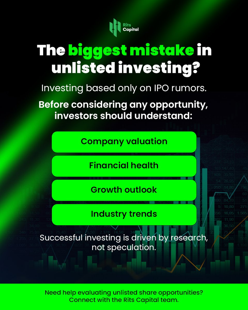 Ritscapital's tweet photo. Don’t let IPO buzz drive your investment decisions. Successful unlisted investing requires understanding valuations, financials, growth potential, and industry trends. 

Visit: https://t.co/Ujs44xkPzj
Contact Us: 📱 9911090800 | 📧 support@ritscapital.com

#UnlistedShares https://t.co/9uD1EBdz44