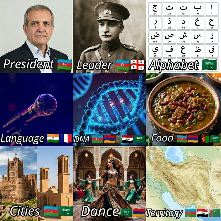 ozzie8811's tweet photo. Iranian History Facts:

Leader        = Turks 🇹🇷
Alphabet   = Arabian Camels 🇸🇦
Language  = Indian Saar! 🇮🇳
DNA            = 100% Indian Ancestry 🇮🇳
Food           = Rice and some chicken stuff, Hindu 🇮🇳
Cities         = Turkish Cities built by Turks🇦🇿🇹🇷🇹🇲
Dance       = Bollywood Indian Belly dancing 🇮🇳🇸🇦
Owners     = Colonized by British and Turks 🇹🇷🇬🇧