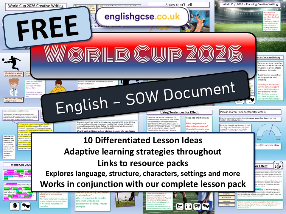 EnglishGCSEcouk's tweet photo. FREE World Cup themed English creative writing resources:
https://t.co/YHaFXlOPoD
#teamenglish #edutwitter #teachertwitter #ks3 #gcses #teachers #teach #teaching #school #endofterm https://t.co/uhuM3dNZJE
