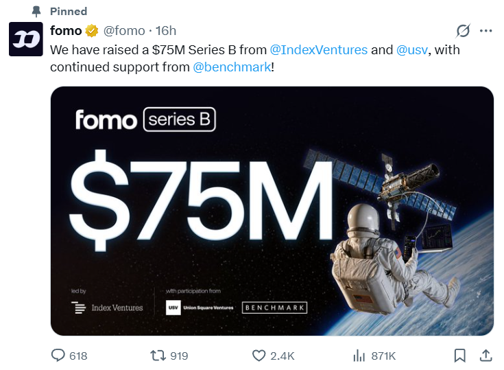 Leon_Defi's tweet photo. Fomo Builder is on @HyperliquidX 

> Strong traction: 625k+ users, $4B+ trading volume, 110M+ social interactions, 68k first time buyers via Apple Pay ($25M).

> Funding: Just called the largest $75M round of crypto this year, with Coinbase participating.

> Team: Developer used to work at @Uniswap & @dYdX founder is a programmer.

> Hyperliquid Integration: Deep integration 20 days ago, using HL as the main infra for perps. 

Currently the 6th builder of HL, contributing nearly $100M volume in the past 7 days.

> Strengths: Good user growth + large capital + real volume on Hyperliquid

> Risk: Many personal backers, founders are technical, mainly based on a marketing phase.

> Catalyst: If a token is released, @fomo has the potential to become the most competitive builder in the Hyperliquid ecosystem.