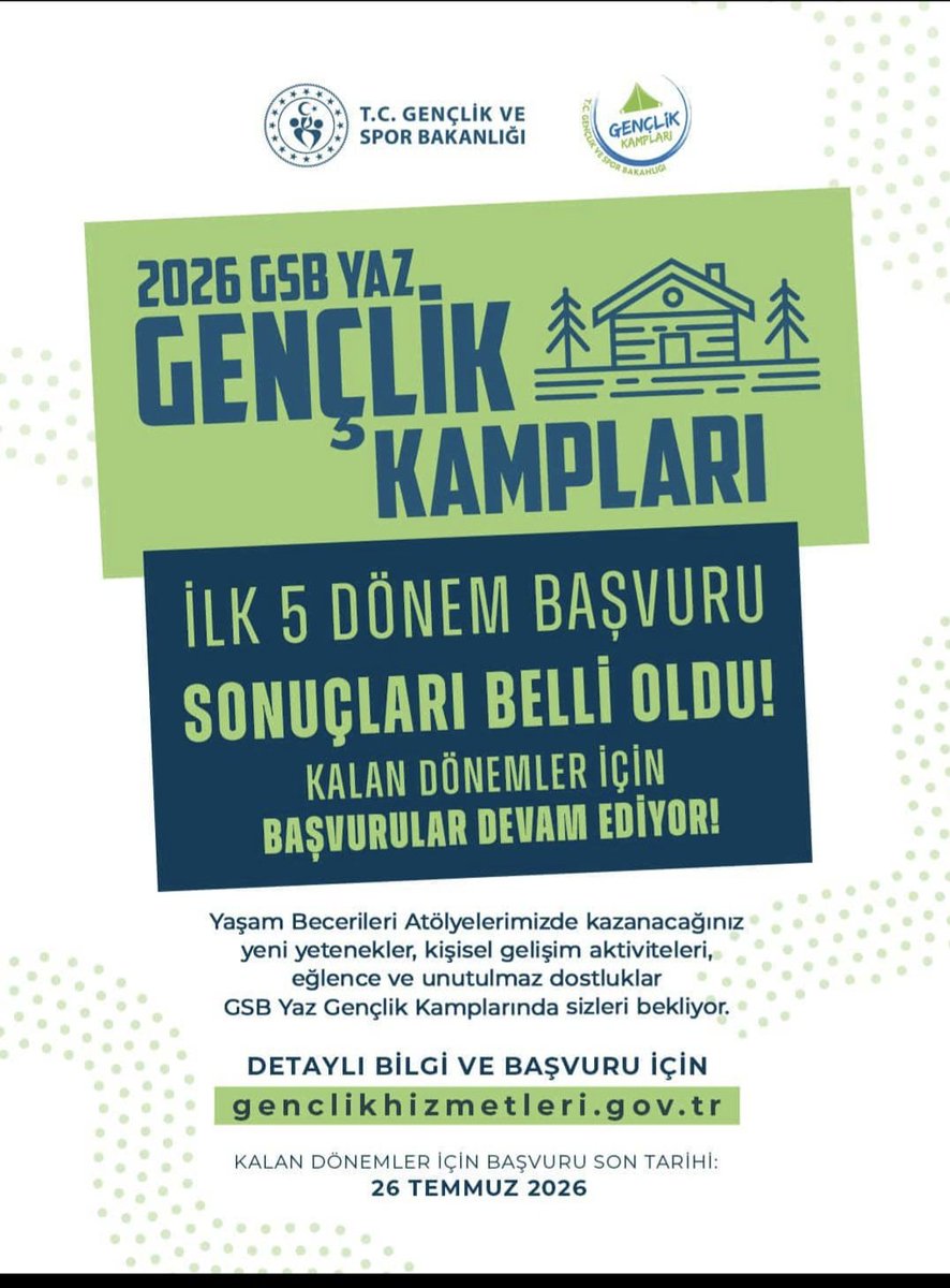 ceylanpinargm's tweet photo. 2026 GSB YAZ GENÇLİK KAMPLARI İLK 5 DÖNEM BAŞVURU SONUÇLARI AÇIKLANDI. https://t.co/C0yOIvOj9j