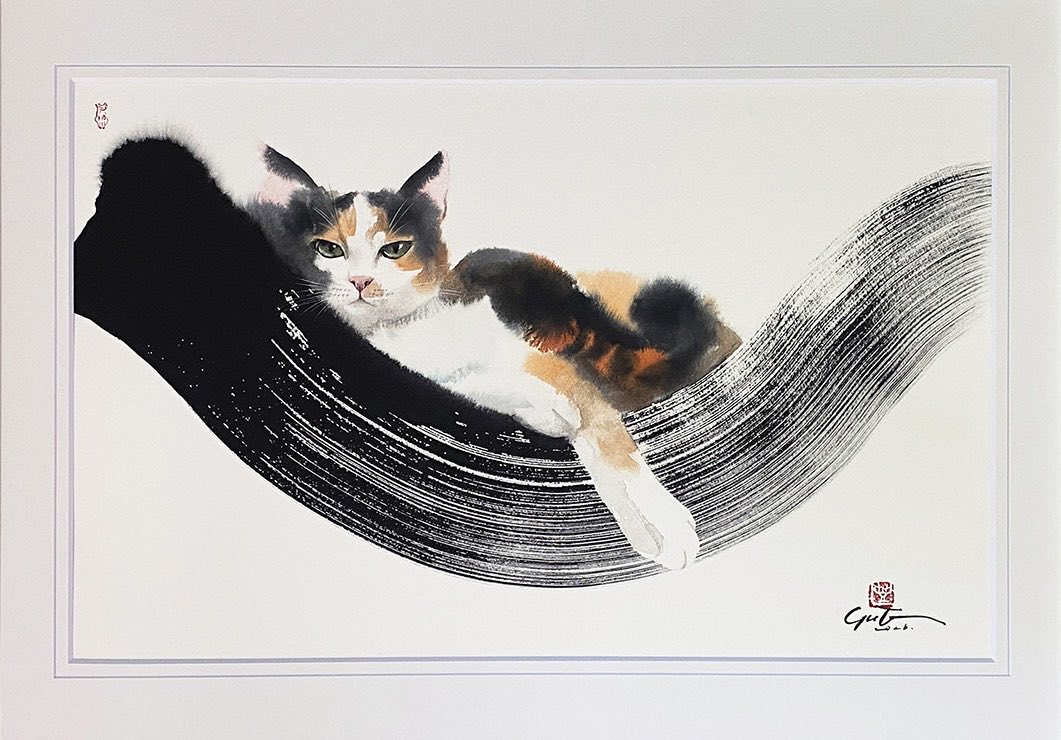 i0RnrQ5Y18E0cN3's tweet photo. 好きなところ
墨のラインと猫の手の重なりはどんな風に描いたのですか？
簡単です。墨をひく直前に猫に手を上げてもらいます。 https://t.co/fBLJgWC692