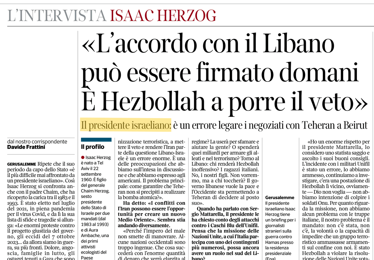 rafforiani's tweet photo. Oggi l'inutile @Corriere intervista il presidente israeliano Isaac Herzog. Non sapendo se parlare di sterminio, eccidio, mattanza, massacro, ecatombe, strage, carneficina o g3n0cidi0, preferisce non domandare di Gaza. Complimenti. #GazaScortamediatica https://t.co/2cuQuB65Xh