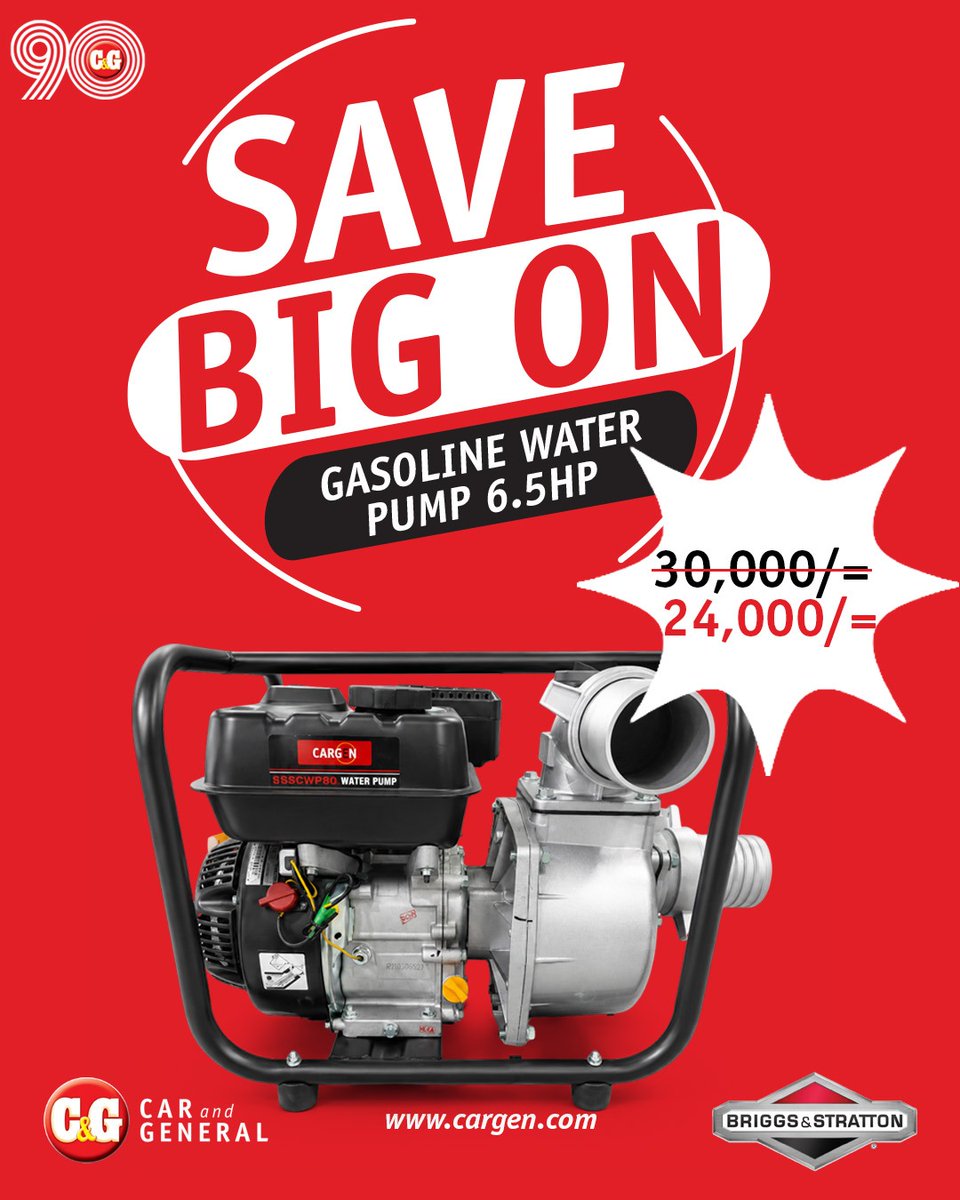 CarandGeneral's tweet photo. 6.5HP. 3" outlet. Petrol engine. Built to move serious water, fast—for irrigation, drainage, construction, or home supply.

Save KES 6,000 today! 📉

🛒 https://t.co/DtxUe4S7WS📞 0800 724 600

#CarAndGeneralKenya #WaterPumpKenya #makingcustomersmile https://t.co/iNfq1iA92e