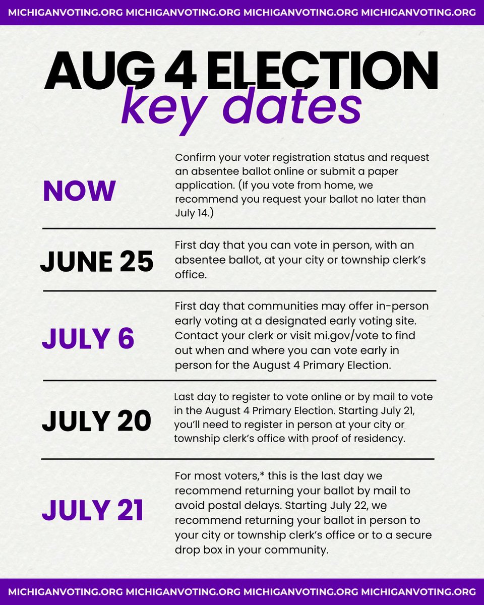 Acammx's tweet photo. Mark your calendar with the key dates for the August 4 Primary Election.🗓️ #MIVoting 
https://t.co/WW56ZUclNQ https://t.co/kuigAAmlbG
