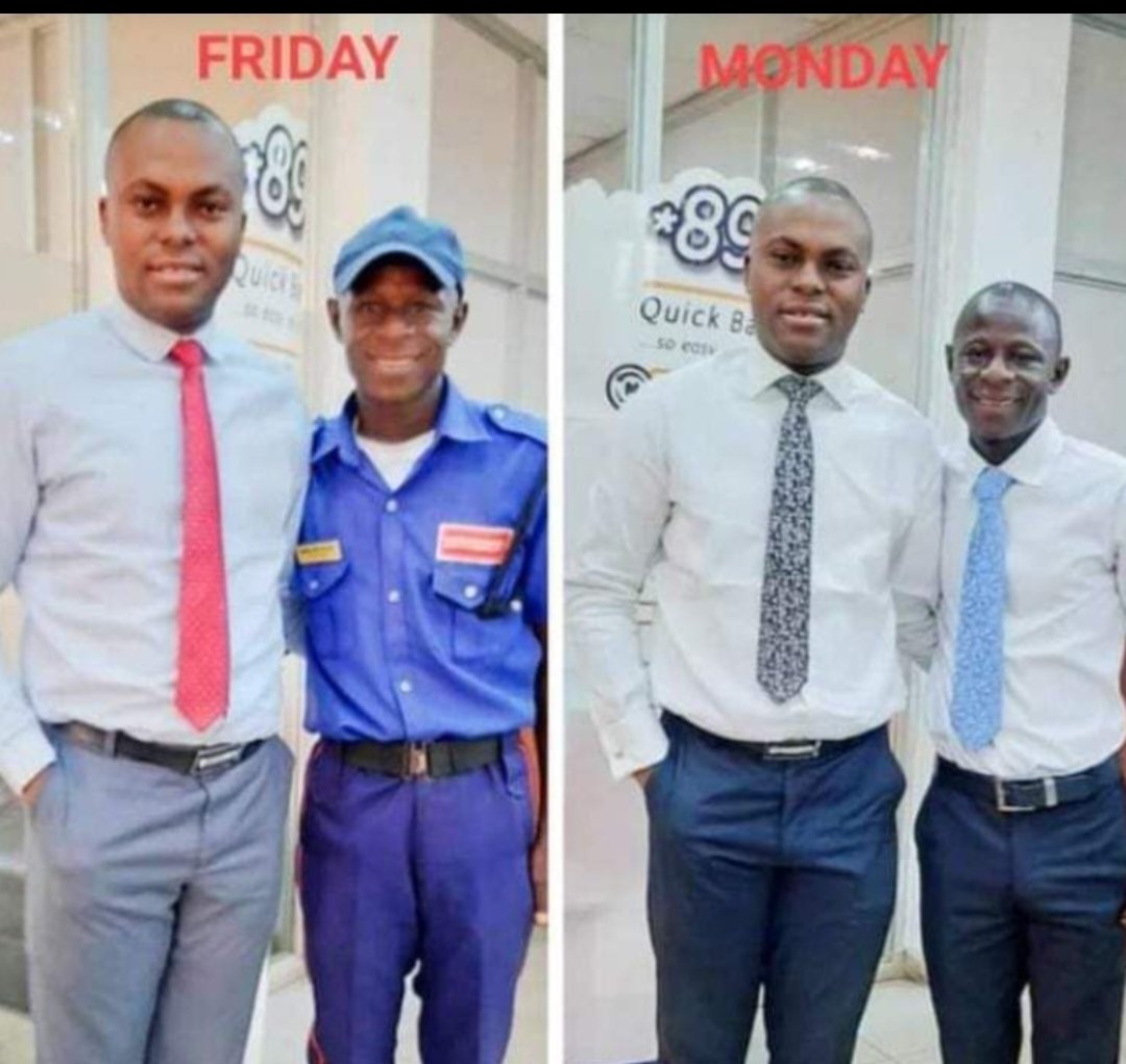 Naija_farmers's tweet photo. Happened in a Nigerian bank.

A security man walked up to the Bank Manager and boldly told him that he is a graduate and would love to participate in the Aptitude test for the vacant position.

The Boss allowed him to write the test. He was the ' Best Candidate' and got the job.

The pic shows him on

Friday: last day as a security man and

Monday: first day as a Banker.

I consider this the post of the Month'.

What's your take?
👍👍👍