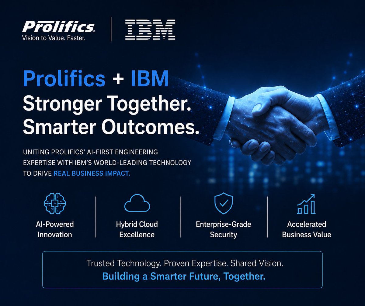 Prolifics's tweet photo. As an IBM Platinum Business Partner, Prolifics helps organizations harness IBM technologies such as watsonx, Maximo, and Cloud Pak to modernize legacy environments, automate operations, and scale AI initiatives with confidence.

🔗Learn more: https://t.co/zyA5cTMW0t

#Automation https://t.co/gQNJtqfB1w