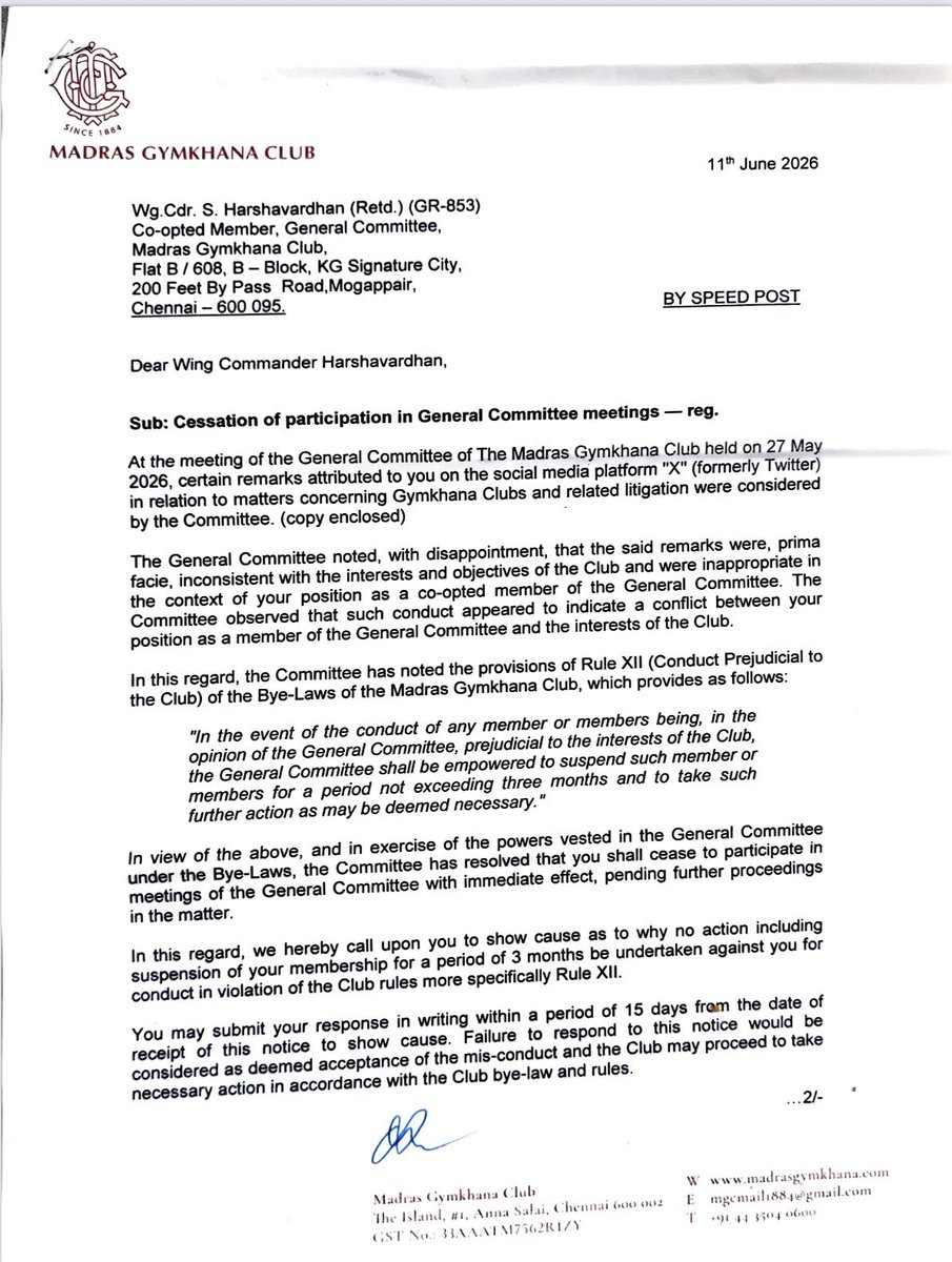 ShivAroor's tweet photo. Replying to my tweet about the Delhi Gymkhana reclaim case has landed a IAF veteran member of the Madras Gymkhana in trouble—he’s been slapped with a show cause &amp; suspended from General Committee meetings.

Thoughts? https://t.co/EtFoaAWTPR