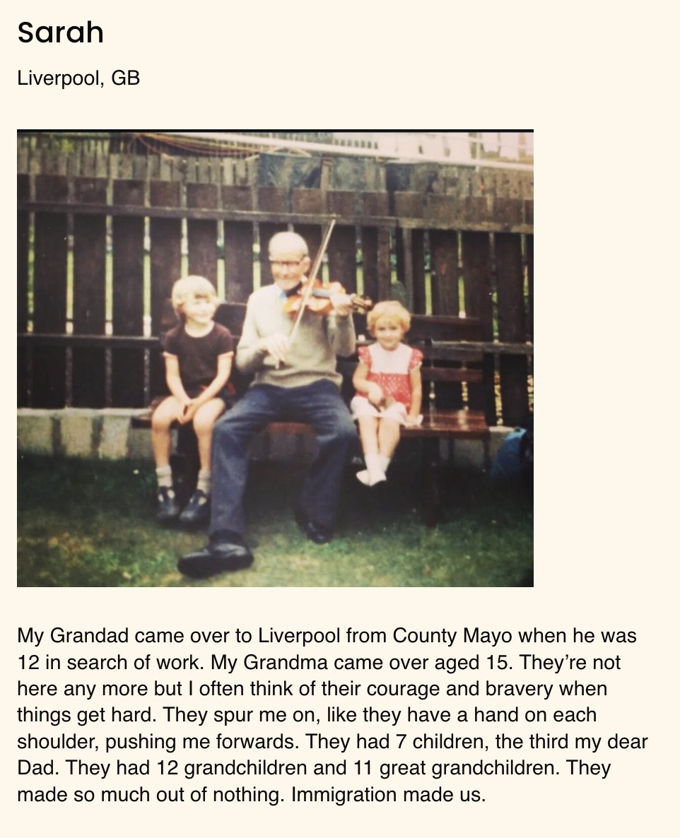 lemnsissay's tweet photo. "My grandad came over to Liverpool from County mayo..."

I set up this website and paid for it. I'm doing a lot at the moment. At every turn I should be advertising my new website. But I keep forgetting.  I need help. The site is called Tell Me Something About Family. 

"Immigration made us"

Below is a screenshot of one entry  from Sarah.  To view all testimonies and contribute, and put someone you love on the map, visit https://t.co/G3ONLk6w82  . 

1. Watch or ignore my video and click on 'VIEW STORIES'
2. A world map appears. Zoom in on the lights or click LIST.
3  To tell me something  about family click TAKE PART.

The winner of the  £500 prize for the story which most moves me  will be announced on  July 17th. 
 
Over to you Sarah.

#TellMeSomethingFamily #FamilyStories #ShareYourStory #WorldMap #Storytelling #Connection #Belonging #bradfordliteraturefestival