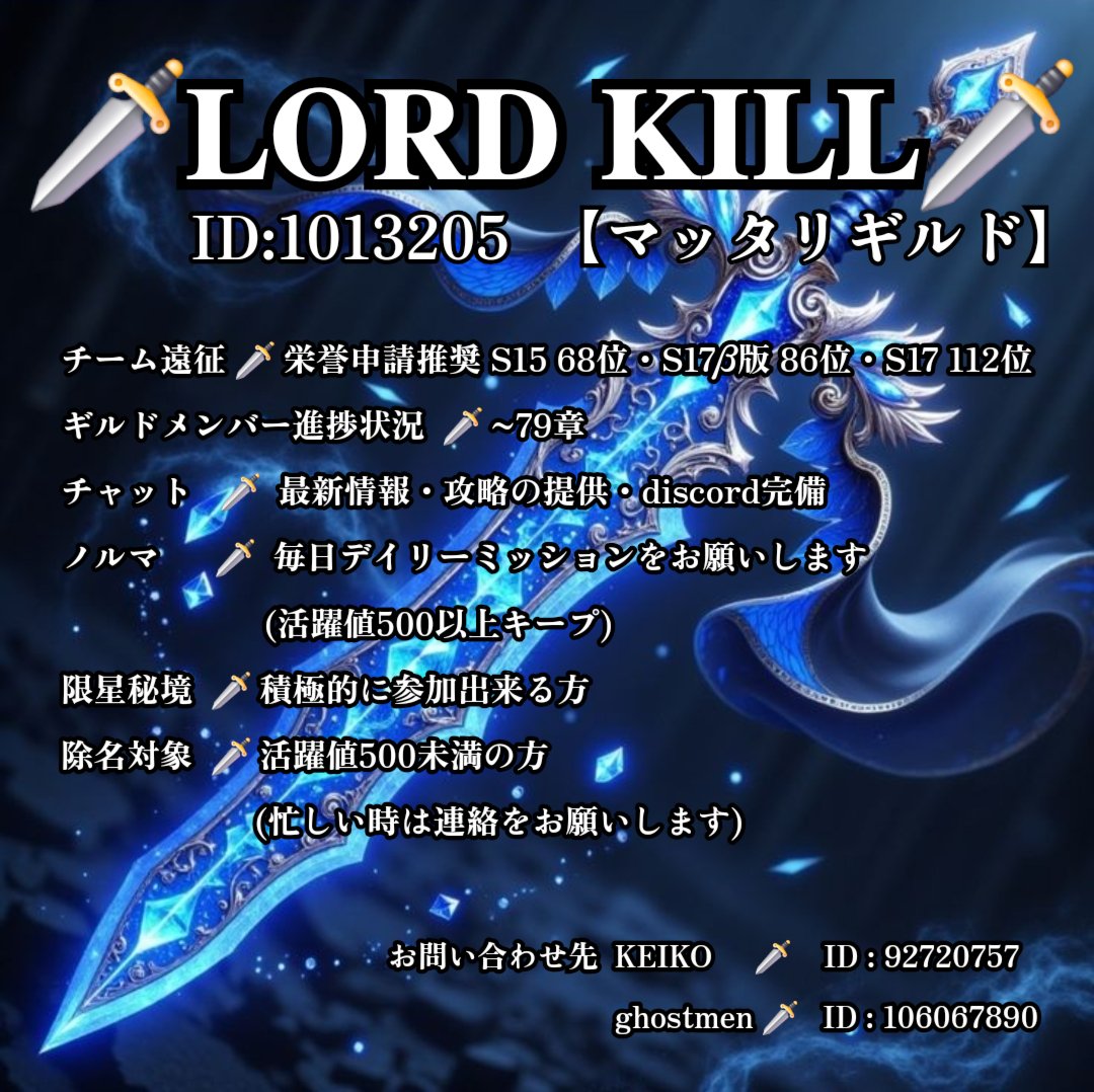 AFK_KEIKO's tweet photo. 今回のチーム遠征は私の本垢が
⚔️𝐋𝐎𝐑𝐃 𝐊𝐈𝐋𝐋⚔️(周回ギルド)の
ギルマスとしてやらさせて貰いました😅
結果は59位👑
何とかランクイン出来て良かったです☺️

🗡𝐋𝐎𝐑𝐃 𝐊𝐈𝐋𝐋🗡の方は4周目で落とされてしまい112位でした🥹
マッタリギルドとしては頑張った方かな？💪

#ギルドメンバー募集 https://t.co/TcjeVCHoFh