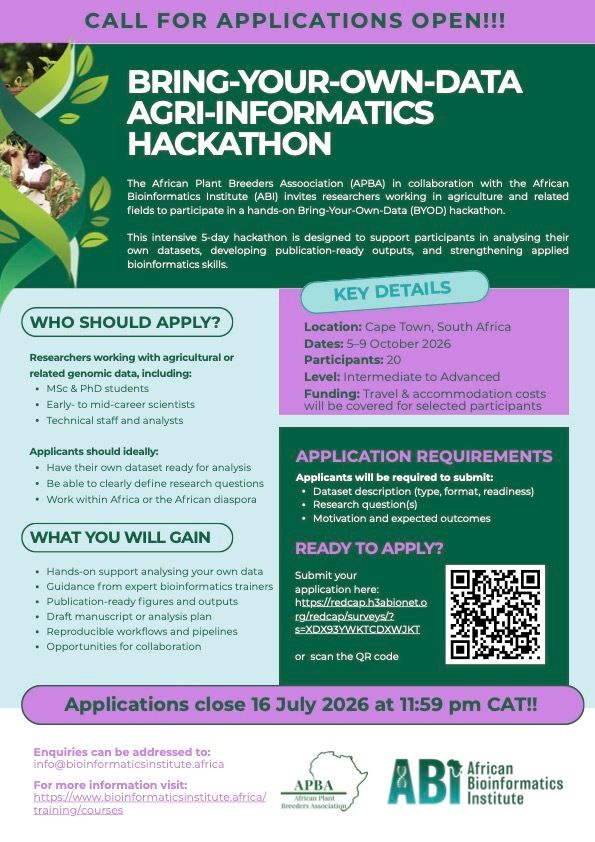 AfrBioInstitute's tweet photo. Applications OPEN for the APBA/ABI Agri-informatics Hackathon 2026. Bring your own data.
Travel and accommodation covered for the 20 selected participants.
5 to 9 Oct, Cape Town
Apply by 16 July
https://t.co/R54Rv0LgQS
More below π
#AgriInformatics https://t.co/kdqCSFIZFF