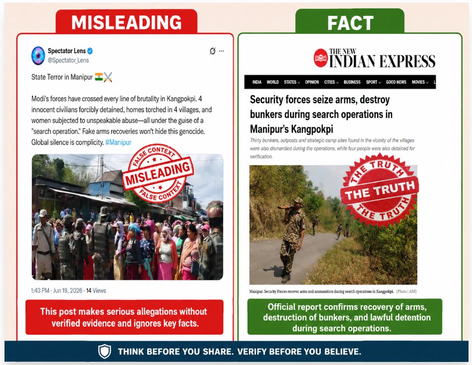 l95115's tweet photo. 𝗗𝗢𝗡’𝗧 𝗙𝗔𝗟𝗟 𝗙𝗢𝗥 𝗠𝗜𝗦𝗜𝗡𝗙𝗢𝗥𝗠𝗔𝗧𝗜𝗢𝗡!

🛑Propaganda account misrepresents security operations in #Manipur. 

🟢Official reports confirm #arms recovery, bunker destruction and lawful action during #search operations.

🟢Think before you share. 

#factsmatters https://t.co/Zg3ORpRdaa