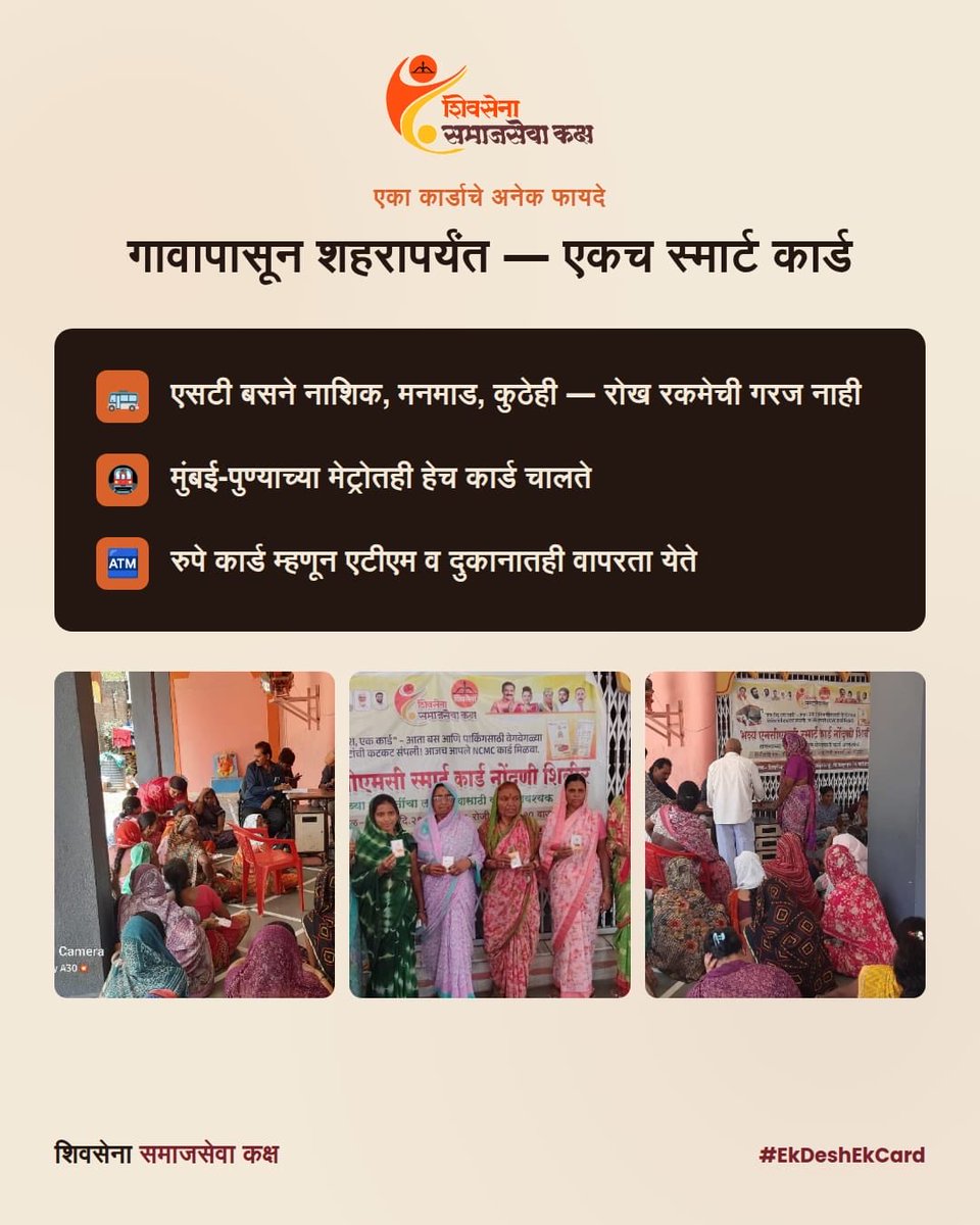 CSRangnekar's tweet photo. शिवसेना समाजसेवा कक्षा तर्फे एनसीएमसी स्मार्ट कार्ड नोंदणी व वितरण शिबीर — जळगाव खु., ता. नांदगाव, जि. नाशिक

हिंदुहृदयसम्राट बाळासाहेब ठाकरे यांच्या ८०% समाजकारण आणि २०% राजकारण या विचारांना केंद्रस्थानी ठेवून, मा. उपमुख्यमंत्री श्री. एकनाथ शिंदे साहेब यांच्या आशीर्वादाने, खासदार डॉ. श्रीकांत शिंदे साहेब यांच्या मार्गदर्शनाखाली आणि नांदगावचे लोकप्रिय आमदार श्री. सुहास कांदे साहेब यांच्या सहकार्याने समाजोपयोगी उपक्रम तळागाळापर्यंत पोहोचवण्याचे कार्य सातत्याने सुरू आहे.

“एक देश, एक कार्ड” या संकल्पनेला जनतेपर्यंत पोहोचवत एनसीएमसी स्मार्ट कार्ड नोंदणी व वितरण शिबिराचे यशस्वी आयोजन करण्यात आले. आता एसटी बस, मेट्रो, पार्किंग आणि विविध प्रवास सुविधांसाठी एकच स्मार्ट कार्ड वापरणे शक्य होणार असून विद्यार्थी आणि सवलतधारकांसाठी हे कार्ड अत्यंत उपयुक्त ठरणार आहे.

या उपक्रमाच्या यशस्वी आयोजनासाठी श्री. बाबासाहेब सरोदे, श्री. तनीष शिंदे आणि शिवसेना समाजसेवा कक्ष, नाशिक जिल्हा टीमचे विशेष अभिनंदन व मनःपूर्वक कौतुक! 

जय महाराष्ट्र! 🚩

#EkDeshEkCard #NCMC #ShivSenaSamajsevaKaksh #Nashik #ShivSenaSamajsevaKaksh