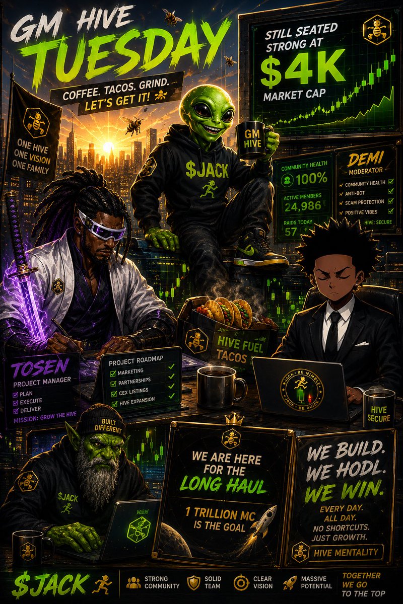 CryptMiilade's tweet photo. 👽🔥 GM GM HIVE CT
TUESDAY GRIND MODE ACTIVATED 
Happy tacos Tuesday 
While others chase hype, the Hive keeps building.
Still holding strong around the $4K market cap and the conviction inside this community has never been stronger. Every day we show up, build, engage, and push the mission forward. 🐝🚀

✅ Strong community  
✅ Solid team  
✅ Clear vision  
✅ Massive upside  

No shortcuts. No panic. Just steady growth and relentless execution.

The roadmap is being built, the team is cooking, and we're here for the long haul. 💪

We build. We HODL. We win.

Who's grinding with the Hive today? Drop a 👽 if you're still JACKTIVE!
TG: https://t.co/krbYOencxi
Ca: jfvidfmUWehZoPq76peha36u3KANQMYDnLudBNSpump
#JACK #Solana #CryptoCommunity #Memecoin #StayJACKTIVE #BuildDifferent #HiveMentality