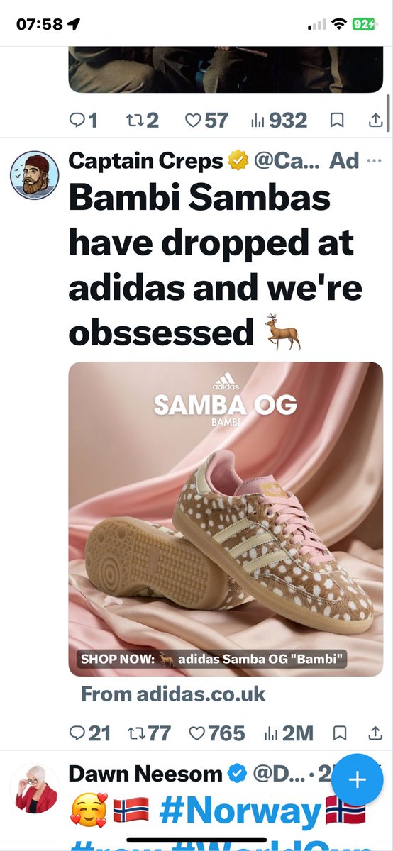 authenticwoo's tweet photo. @OfficialPLT @mollymaehague Thinking of you NEW ADIDAS BAMBI TRAINERS 🥰 https://t.co/nVZ9frD8V6