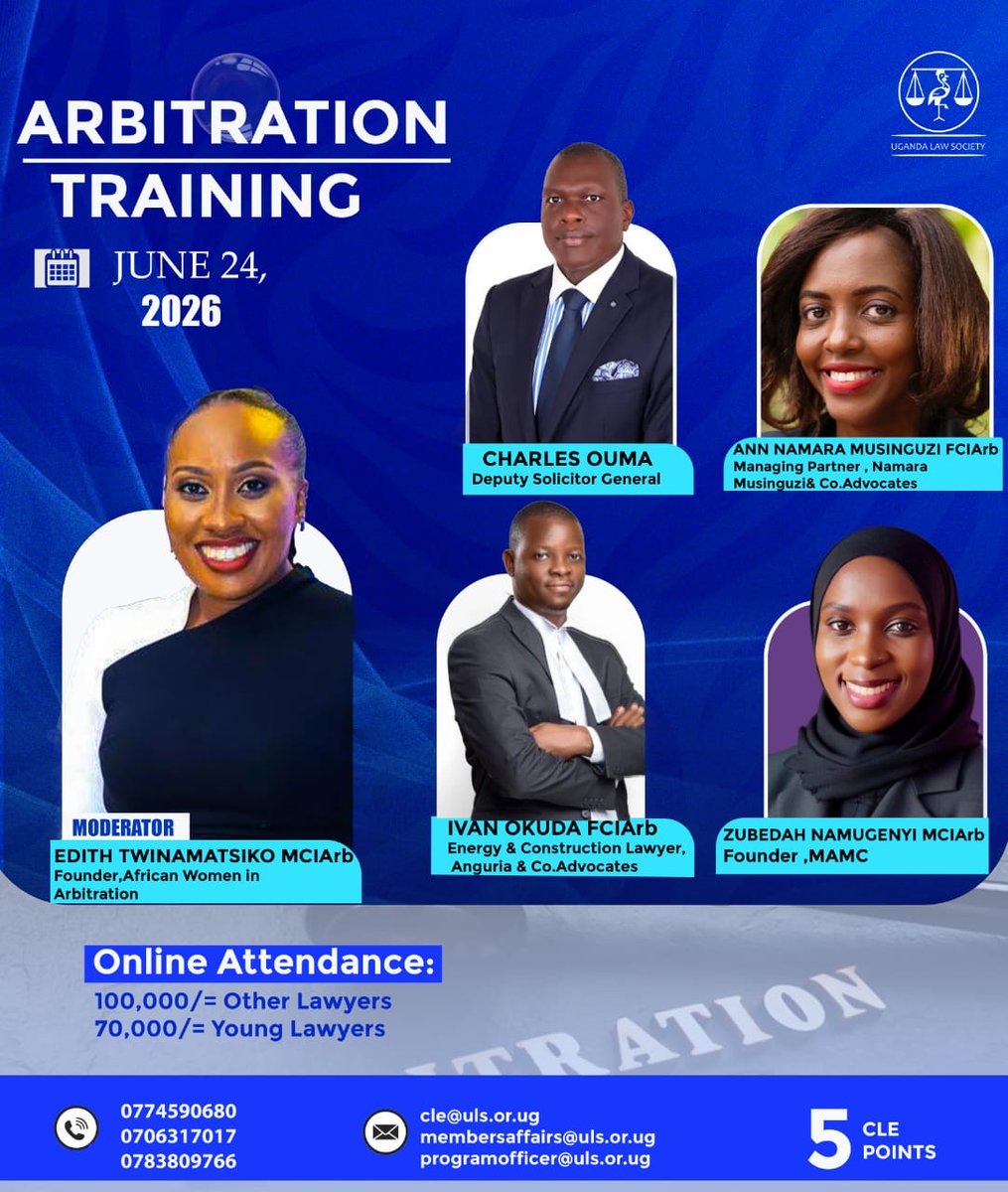 CIArb_Uganda's tweet photo. Uganda Law Society will host an Arbitration Training tomorrow, 24th June 2026, bringing together leading practitioners to discuss key aspects of arbitration practice &amp; procedure.

The session will feature CIArb Uganda members, including Ann Namara Musinguzi, FCIArb,...(1/5) https://t.co/rk6wQpRoKU