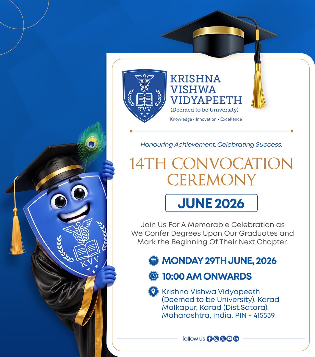 kvveduin's tweet photo. ⏳ The wait is over... The moment has arrived! 🎓✨

🙌🏻 A day of pride.
🎓 A celebration of success.
🌟 The beginning of new journeys.

29 June 2026 |  10:00 AM Onwards

#KVVConvocation2026 #14thConvocation  #KrishnaVishwaVidyapeeth https://t.co/PUycEQft0K