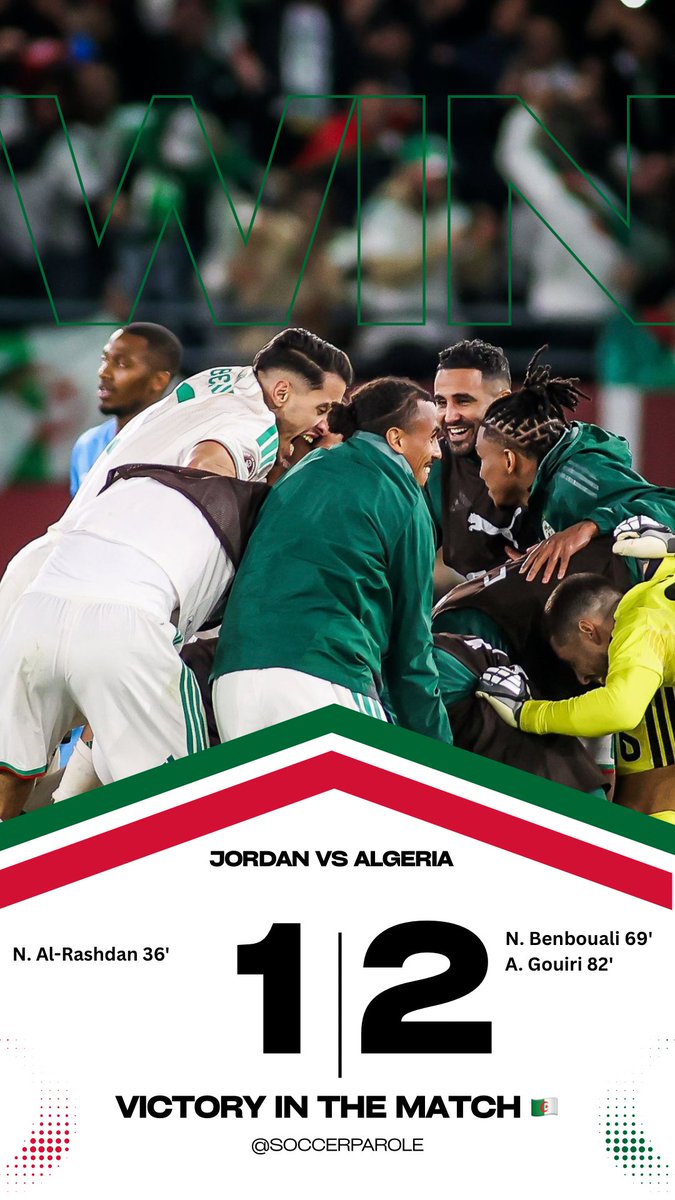 SoccerParole's tweet photo. 🚨🌎 🇩🇿 The Desert Warriors Roar Again! Algeria Sink Jordan in Crucial World Cup Clash🇩🇿 ✨👏🏆

#FIFAWorldCup https://t.co/IRTjmjy0PX