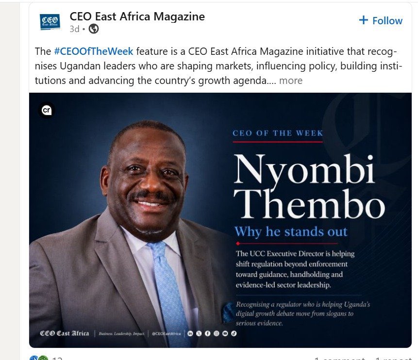 sayun4300's tweet photo. Congratulations to @UCC_ED on earning the #CEOOfTheWeek recognition! Your forward-thinking leadership at UCC continues to strengthen Uganda’s digital transformation and regulatory excellence. Wishing you even greater success ahead!
@CEOEastAfrica @UCC_Official #GoldenPosts https://t.co/C4gBjKQk6R